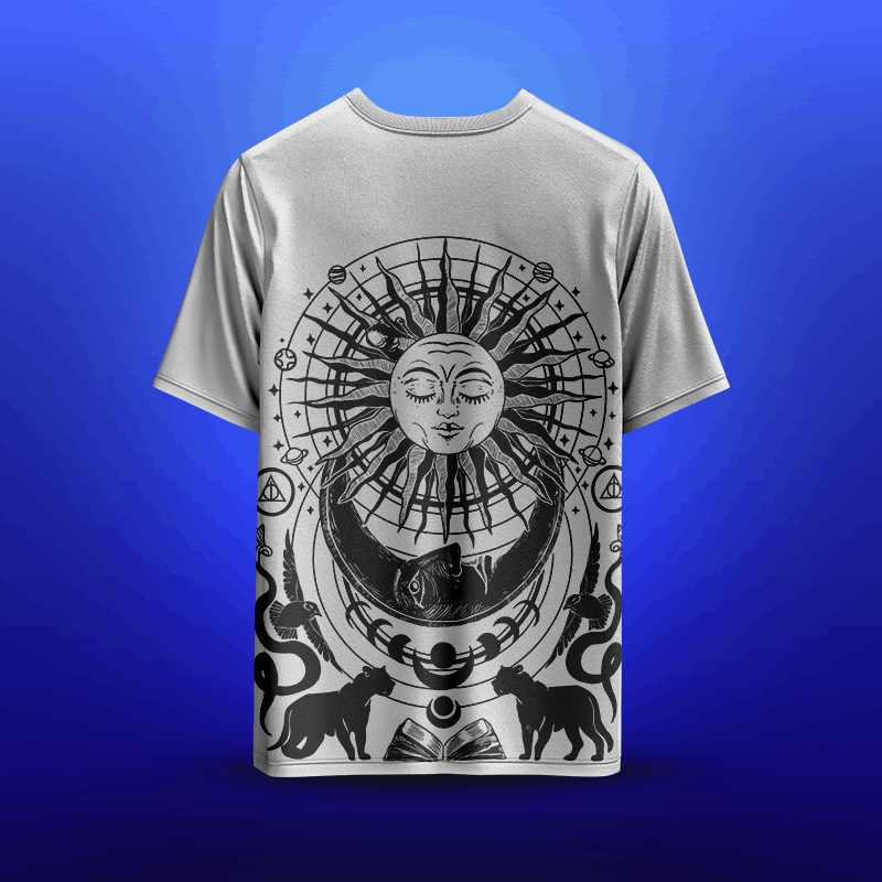 "Celestial Engravings" Premium Cotton T-Shirt - Monochromatic Mystical Art