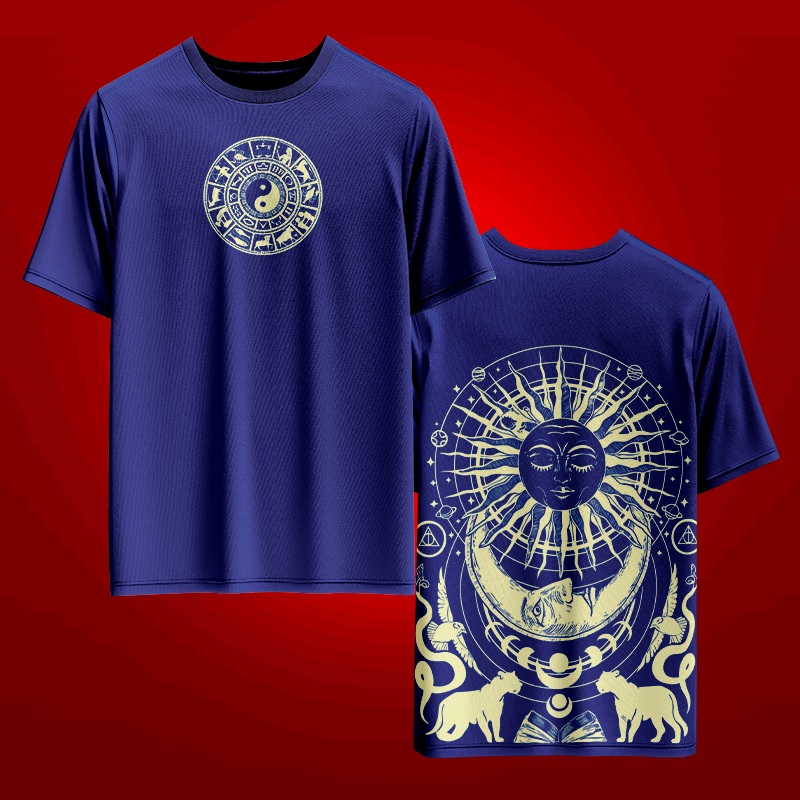 Cosmic Balance" Premium Cotton T-Shirt - Mystical Sun, Moon & Zodiac Design