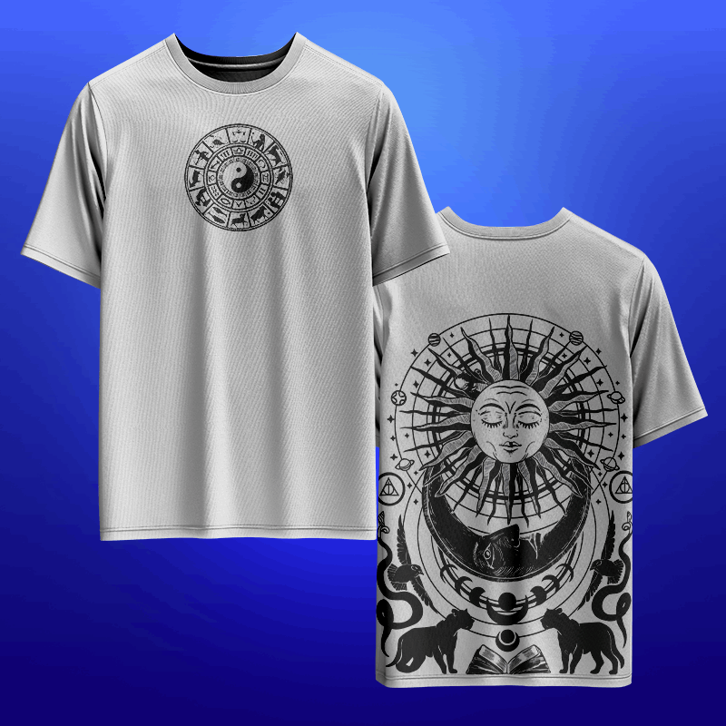 "Celestial Engravings" Premium Cotton T-Shirt - Monochromatic Mystical Art