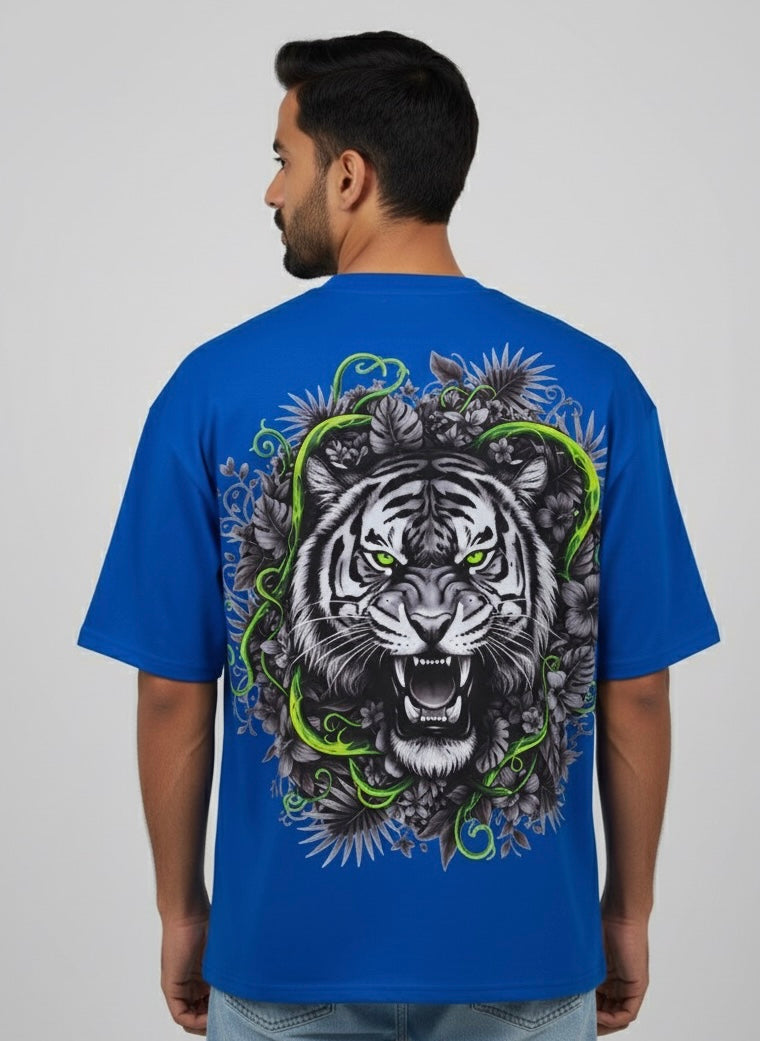 "Jungle Roar" Tiger Oversized Tee - Electric Blue & Black