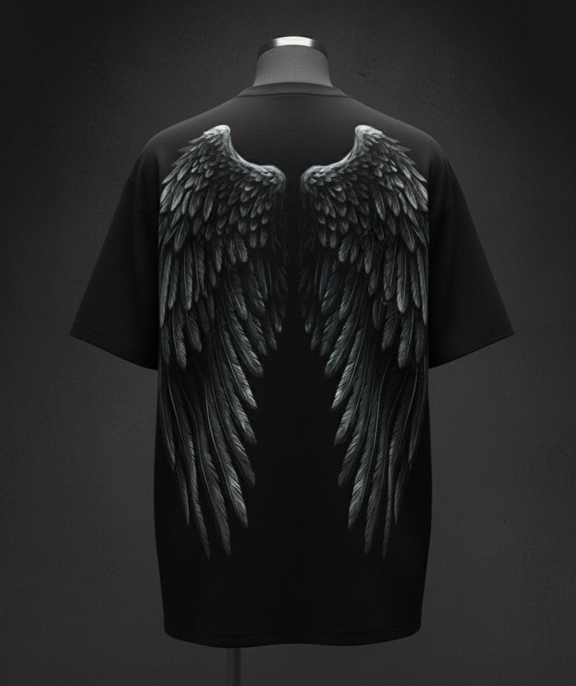 "The Fallen" Black Cotton T-Shirt with Angel Wings