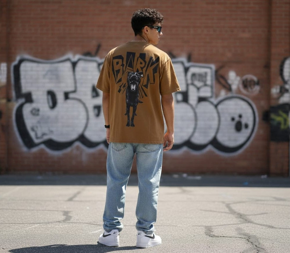 "BARK" Oversized Back Graphic T-Shirt | Khaki Streetwear Tee