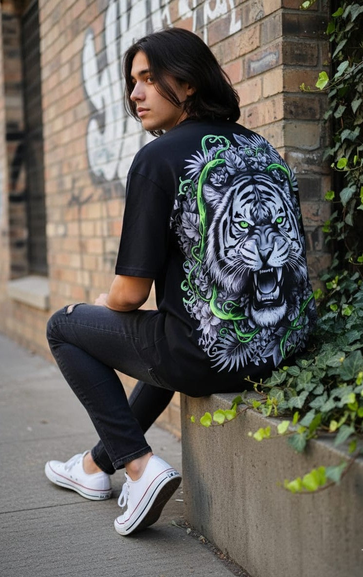 "Jungle Roar" Tiger Oversized Tee - Electric Blue & Black