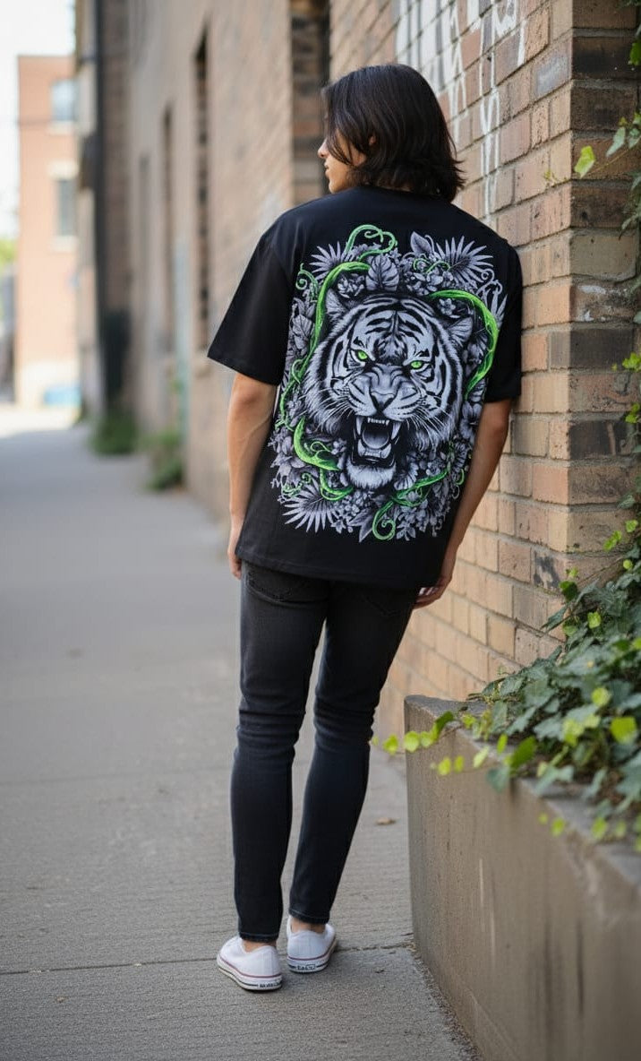 "Jungle Roar" Tiger Oversized Tee - Electric Blue & Black